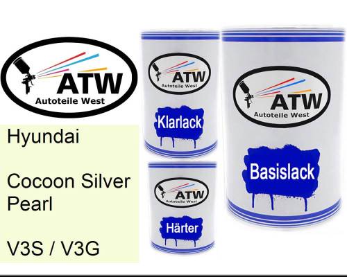 Hyundai, Cocoon Silver Pearl, V3S / V3G: 500ml Lackdose + 500ml Klarlack + 250ml Härter - Set, von ATW Autoteile West.